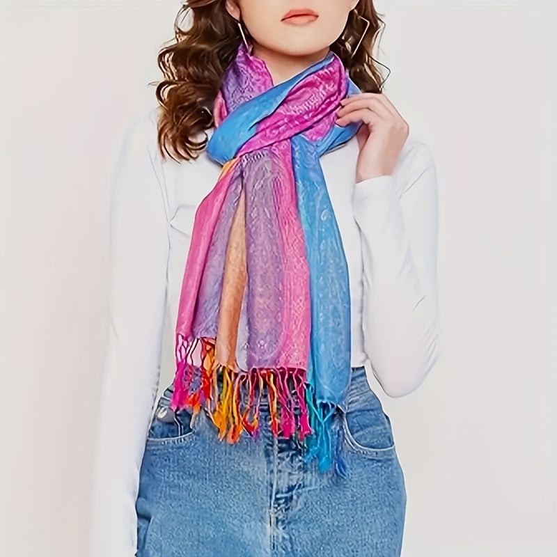 Elegant Bohemian Paisley Jacquard Satin Scarf with Rainbow Gradient and Tassels - Stylish Windproof Shawl for Women, Perfect for Carnival and Outdoor Events