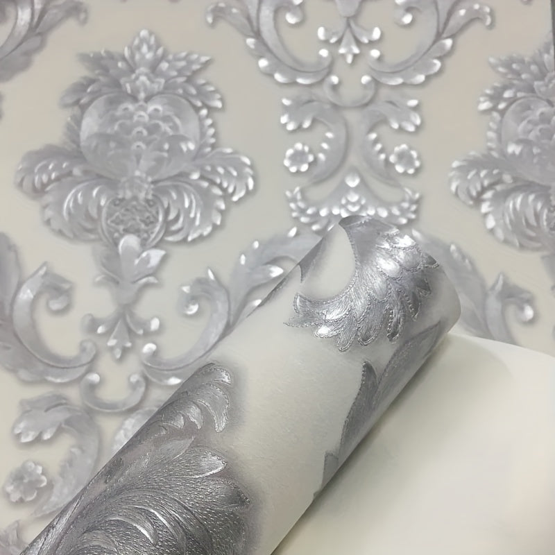 Off White and Silvery Damask Pattern, Vinyl Wallpaper