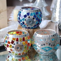 Set of 3 Glamorous Handcrafted Turkish Moroccan Mosaic Glass Candle Holders - Lacquered Finish Tabletop Candle Bowls for Romantic Dinners, Home Decor, and Multicultural Festivities Including Christmas, Hanukkah, Ramadan, and