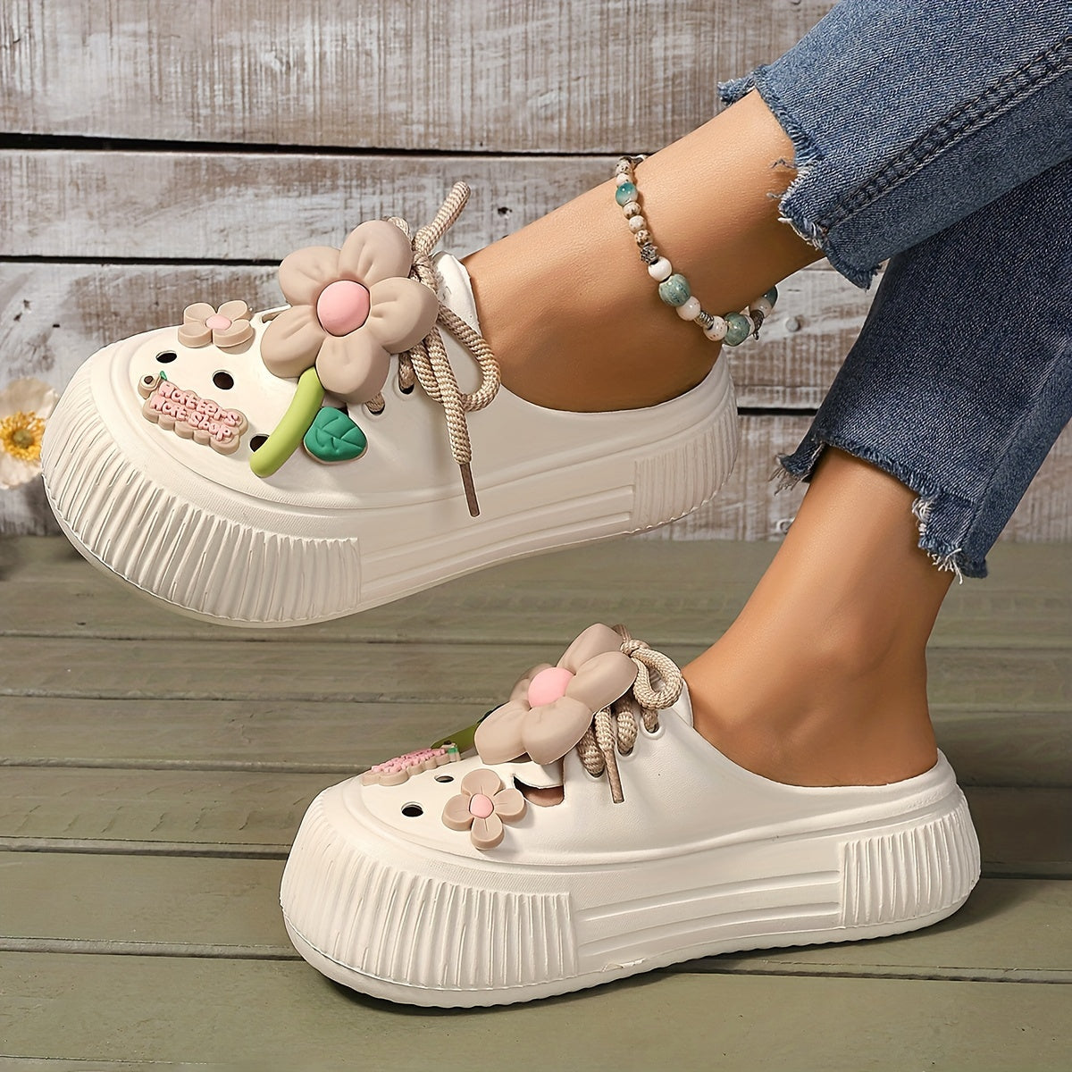 Women's Flower Decor Clogs, Casual Hollow Out Design Garden Shoes, Comfortable Slip On Beach Shoes