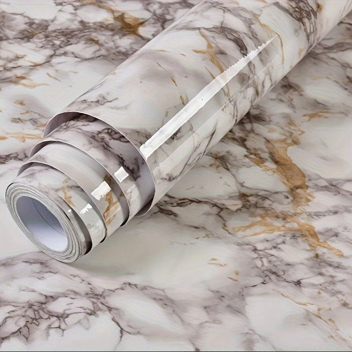 1 Roll Self-Adhesive Marble Vinyl Wallpaper, Thicker Glossy Finish, Stone And Wood Style, Waterproof Oil-Proof, Renovation Stickers For Kitchen Bathroom TV Background Wall, Vinyl Material