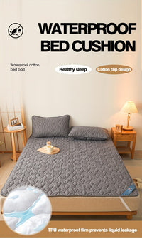1pc Waterproof Mattress Pad Set, Dust & Stain Resistant, Soft Comfortable Bedding, Machine Washable, Polyester 100%, Polyurethane 100%, Woven, Active Printing, Ultrasonic Embossed, <3cm Thick, 80-85g Fabric Weight