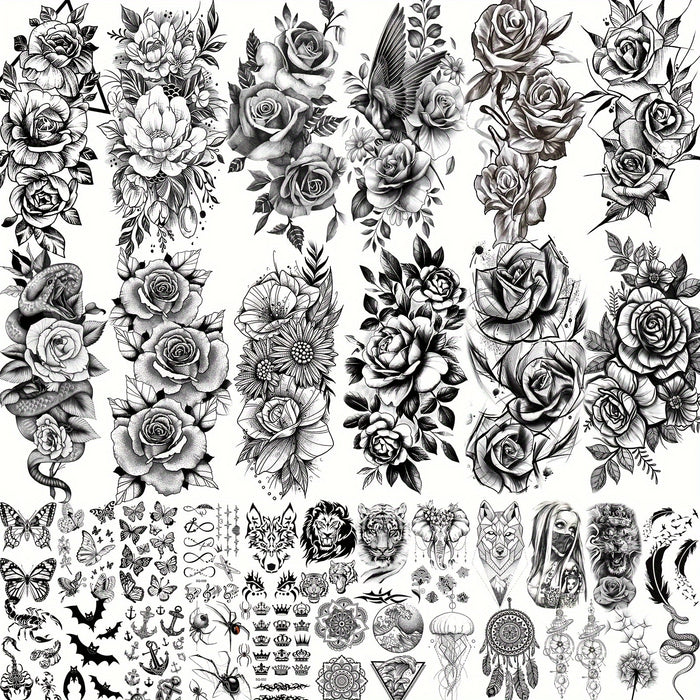 Realistic Sketches of Peony Roses - 36 Temporary Tattoos