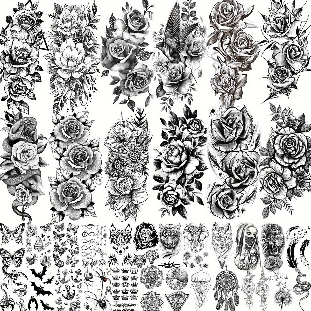 Realistic Sketches of Peony Roses - 36 Temporary Tattoos