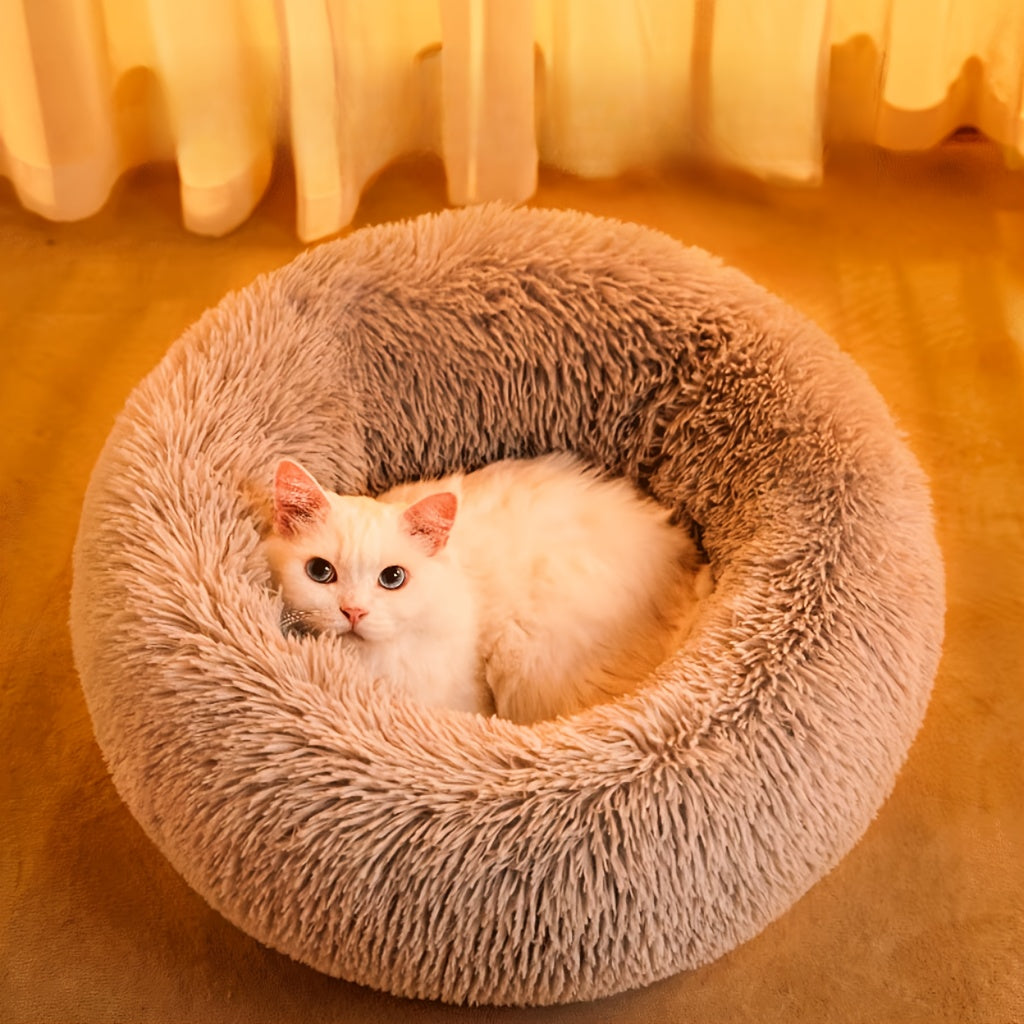 Cozy All-Season Cat Bed with Non-Slip Bottom, Round Polyester