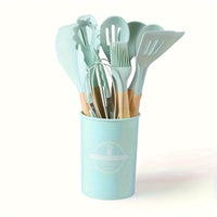 Silicone Kitchen Utensil Set with Wooden Handles