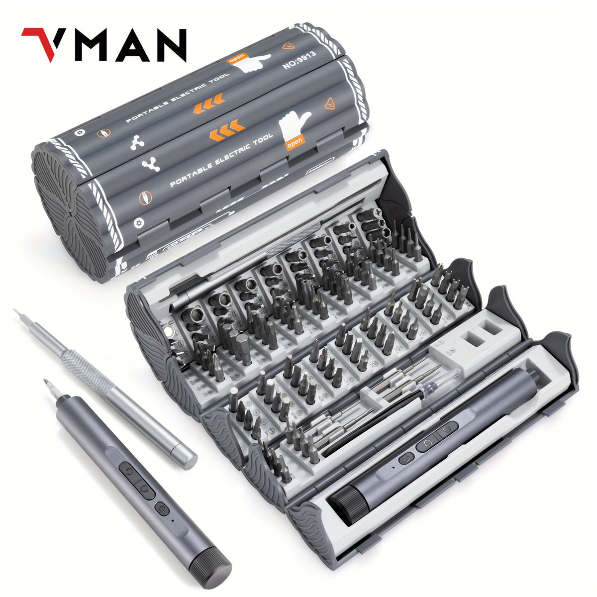 VMAN 138-in-1 Precision Electric Screwdriver Set, Handheld Chrome Vanadium Steel, Battery/USB Dual Power Mode, 230mAh Rechargeable Lithium Polymer Battery, ≤36V Operating Voltage for Mobile Phones, Cameras, Computers, Gamin