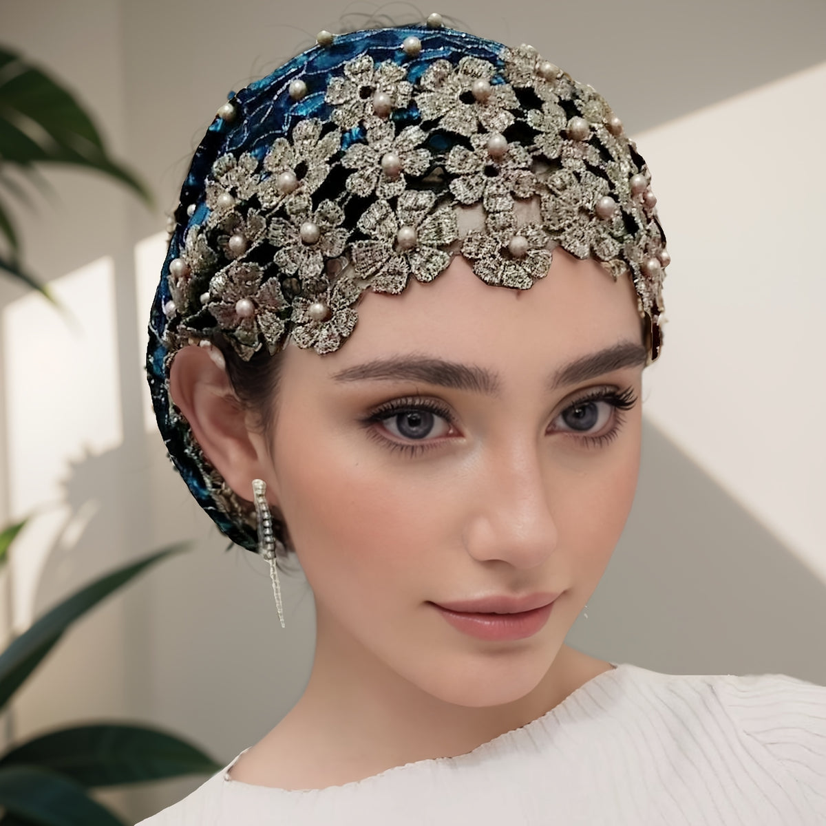 Elegant Jacquard Polyester Headscarf with Pearl Embellishments