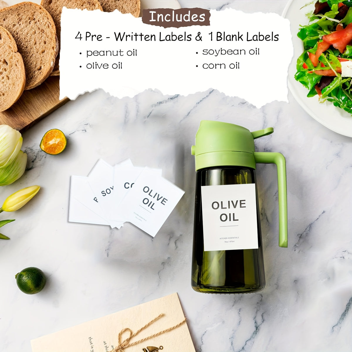 Kitchen Glass Olive Oil Dispenser, 2-in-1 Oil Bottle and Cooking Sprayer, Auto Flip Cap, 16oz Olive Green (Light Blocking) with Label Stickers