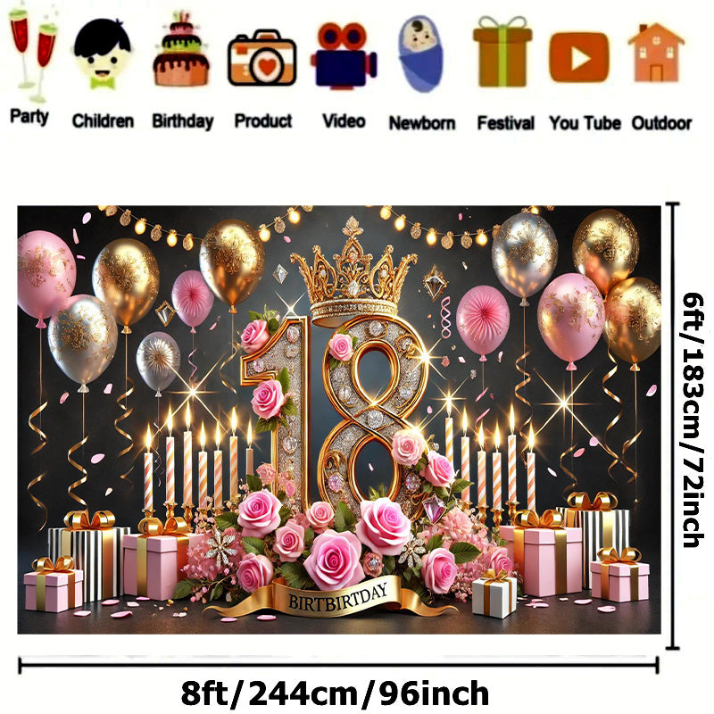 Elegant 18th Birthday Celebration Banner, Polyester - 243.84x182.88cm