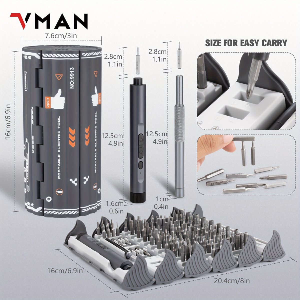 VMAN 138-in-1 Precision Electric Screwdriver Set, Handheld Chrome Vanadium Steel, Battery/USB Dual Power Mode, 230mAh Rechargeable Lithium Polymer Battery, ≤36V Operating Voltage for Mobile Phones, Cameras, Computers, Gamin