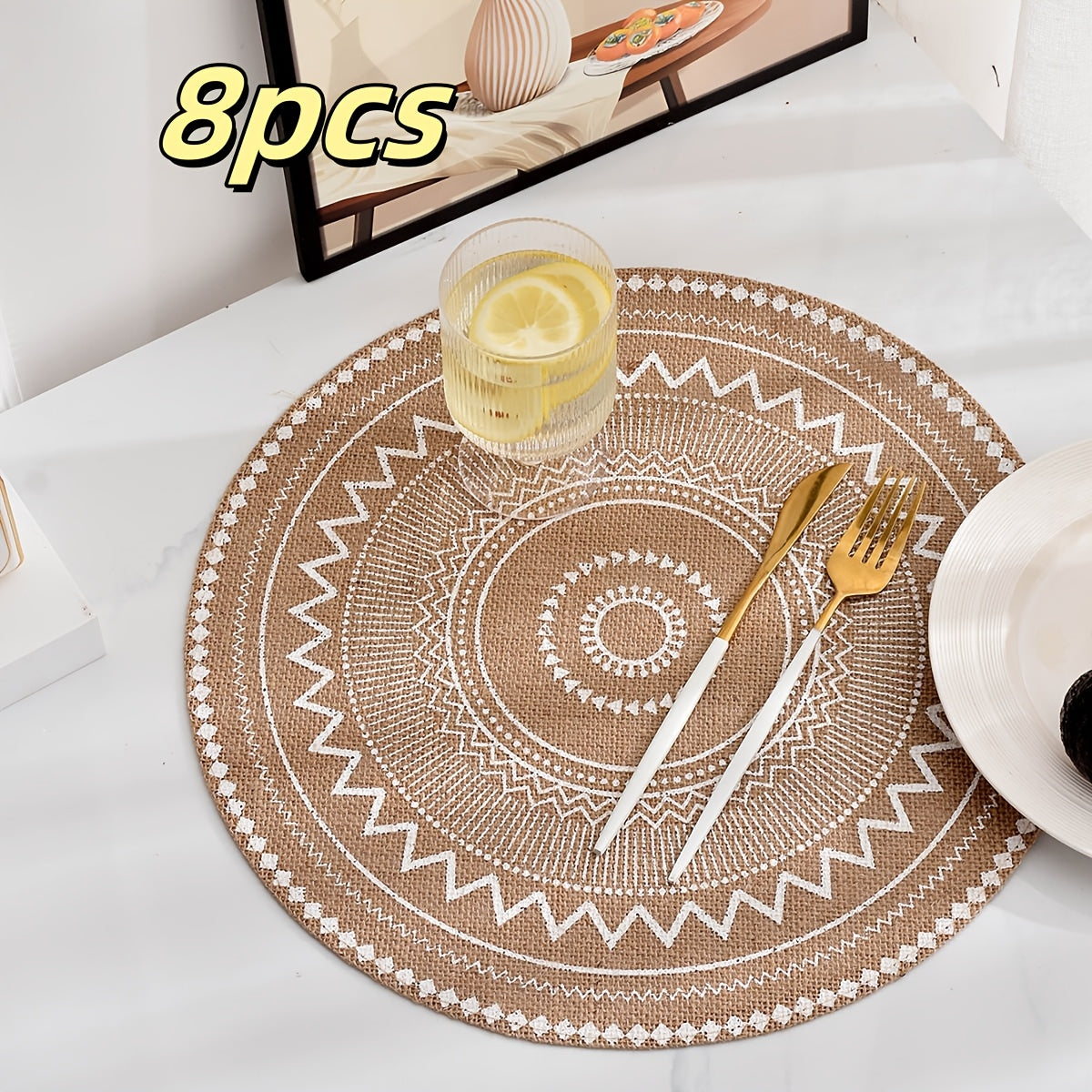 4/6/8pcs Bohemian Jute Placemats Set, Non-Slip Round Dining Table Mats for Kitchen, Wedding, Home Decor, Christmas Party Table Decoration, Handwoven Tissue Cover, Washable