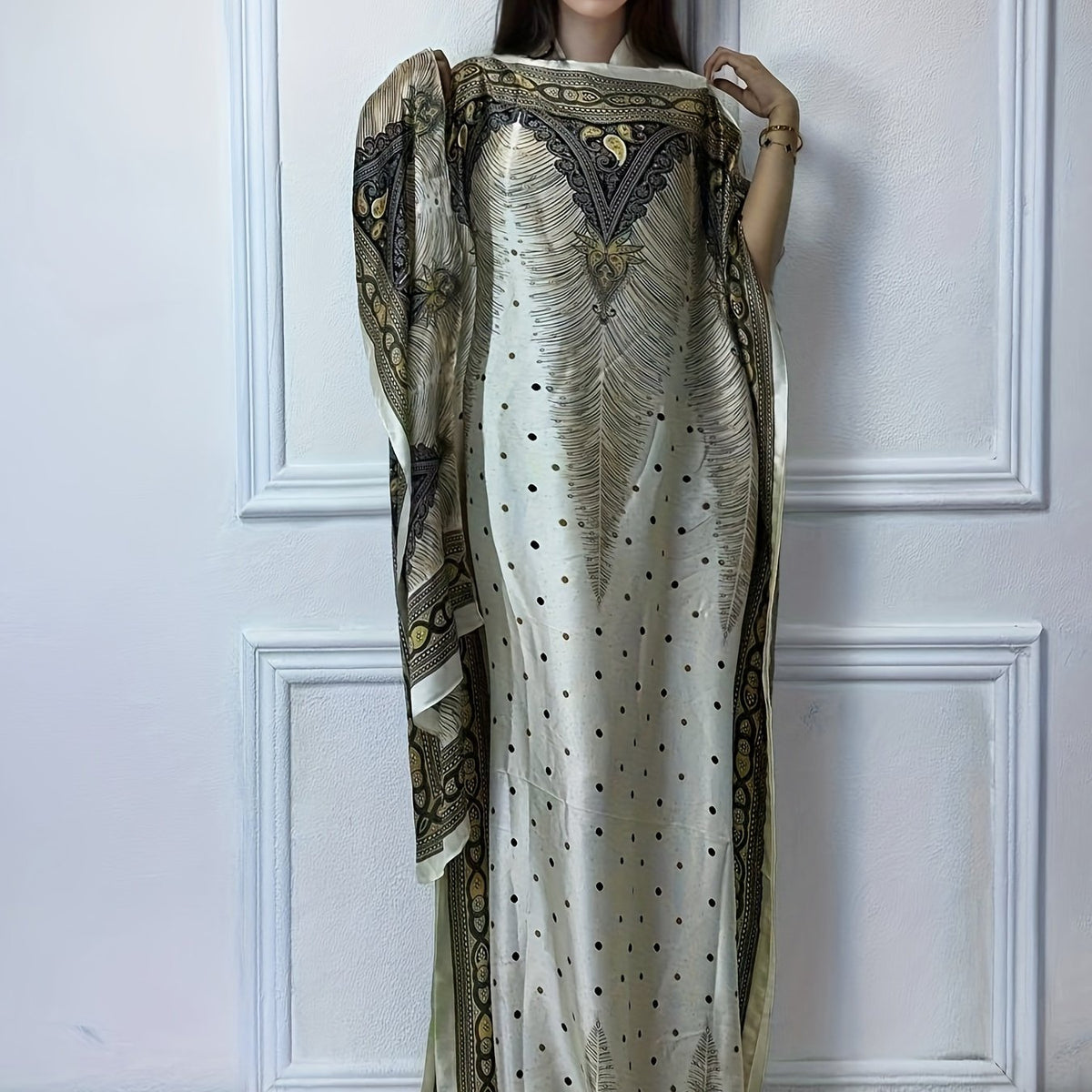 Print Boat Neck Abaya, Elegant Short Batwing Sleeve Loose Dress With Scarf For Spring & Summer, Women'S Clothing