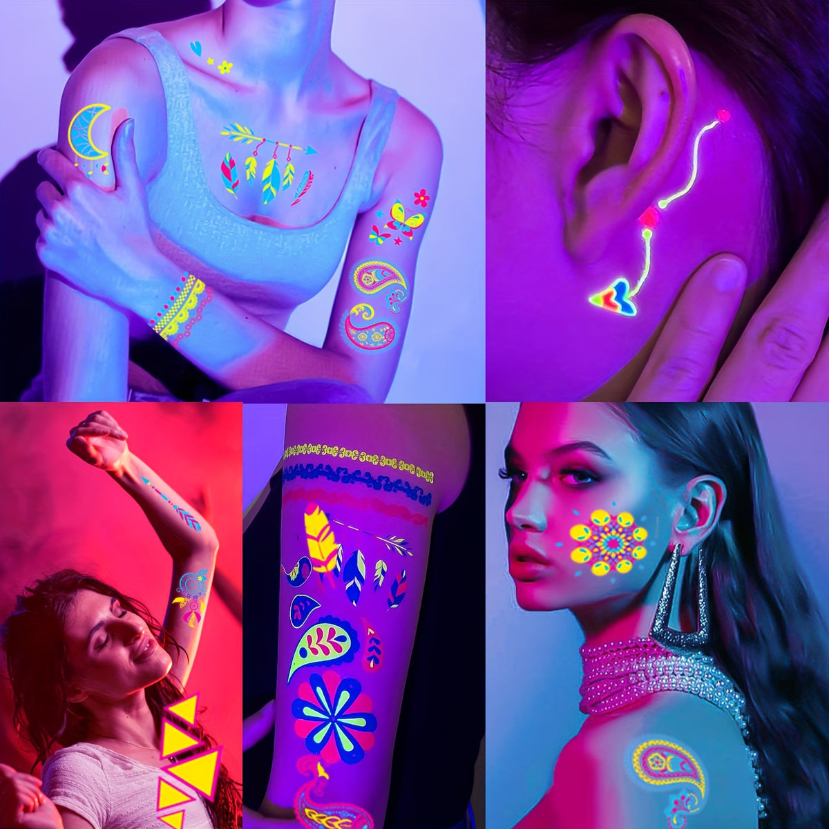 Neon UV Light Temporary Tattoos, Fluorescent Glow in the Dark Stickers - 20-Pack