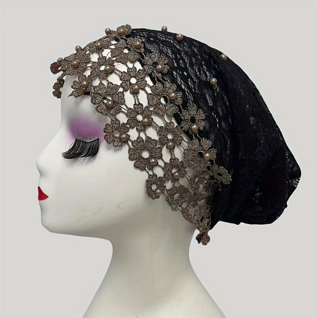 Elegant Jacquard Polyester Headscarf with Pearl Embellishments