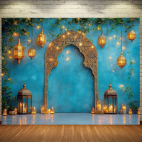 1pc Elegant Blue Moroccan Nights Backdrop - Durable Polyester with Intricate Middle Eastern Design, Ideal for Weddings, Travel & Events - Featuring Lanterns, Candles & Festive Decor
