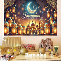 1pc Ramadan Mubarak Night Sky Backdrop - Elegant Crescent Moon & Lanterns Design, Reusable Polyester Party Banner for Indoor/Outdoor Eid Celebrations, Spring & Summer Festive Decor, Festive Backdrop | Elegant Lettering Design