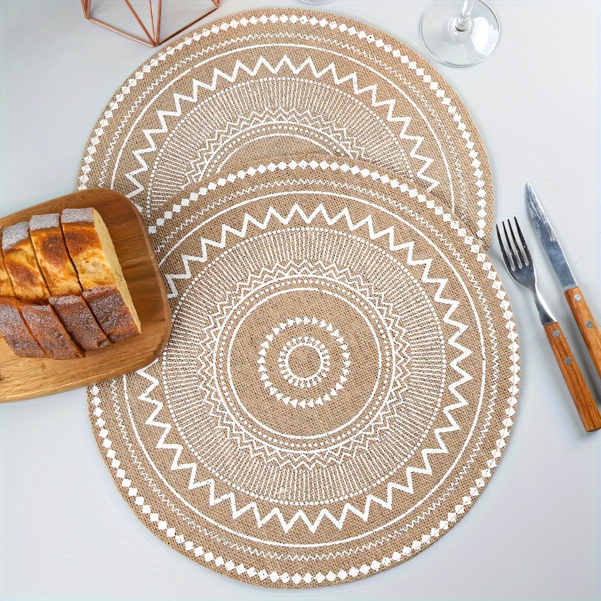 4/6/8pcs Bohemian Jute Placemats Set, Non-Slip Round Dining Table Mats for Kitchen, Wedding, Home Decor, Christmas Party Table Decoration, Handwoven Tissue Cover, Washable