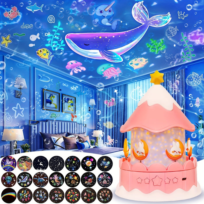 Modern Carousel Starry Sky Projector, 360° Rotating Pink Star Galaxy LED Projection Lamp for Bedroom, Tabletop Space Theme Decor with USB Power Supply, Push Button Control & Adjustable Lighting - Suitable for Gatherings, Nig