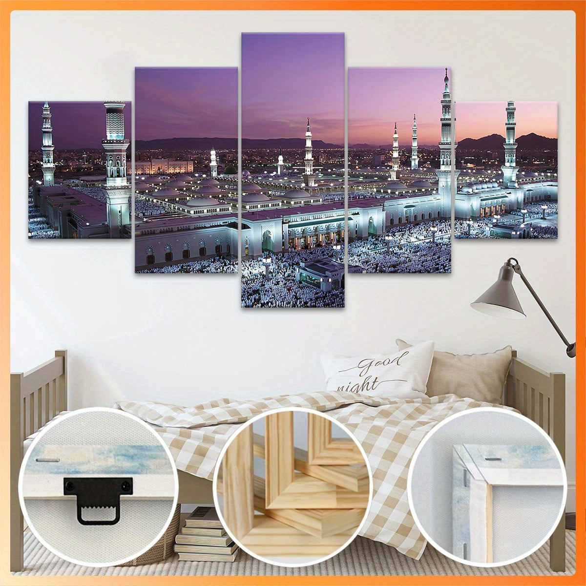 Mosque Landscape Canvas Wall Art Set, Wood Framed Ink Print Posters - 5pcs