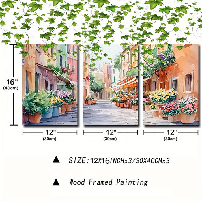 Framed Watercolor Trastevere Travel Canvas Wall Art Italy Old Town - 3pcs