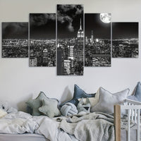 Art Deco Urban Night View Canvas Wall Art Set, Black and White City scape - 5pcs