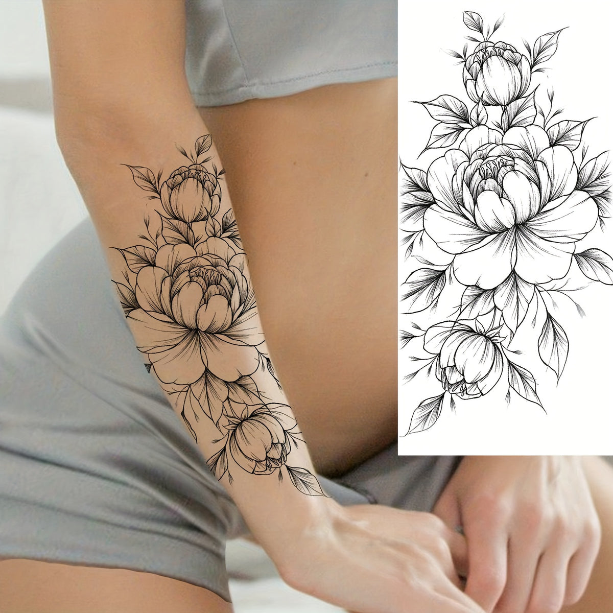 Large Peony Flower Temporary Tattoo Sticker