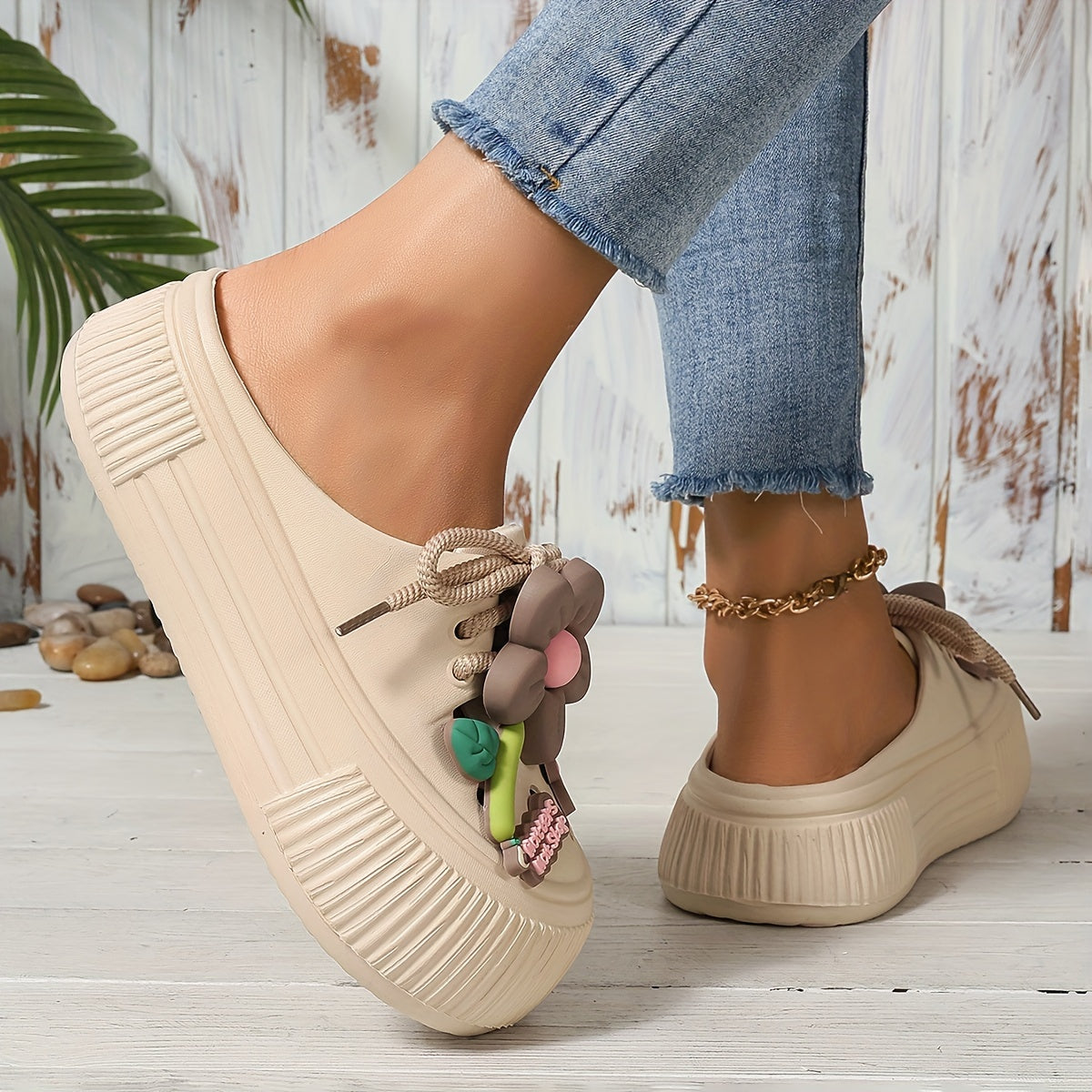 Women's Flower Decor Clogs, Casual Hollow Out Design Garden Shoes, Comfortable Slip On Beach Shoes