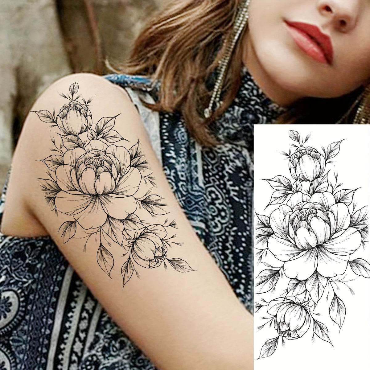 Large Peony Flower Temporary Tattoo Sticker