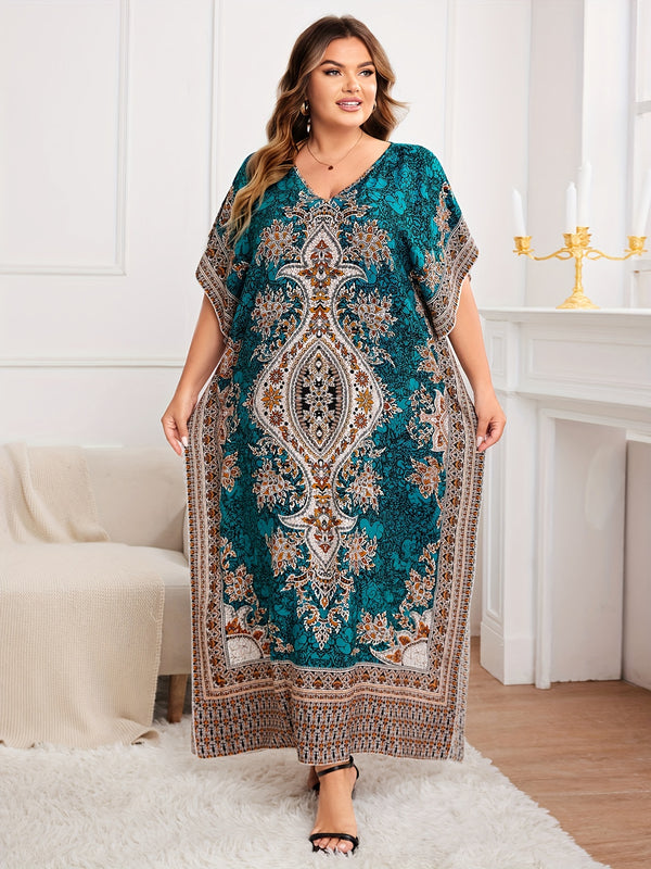 Plus Size Ethnic Floral Print Slit Dress, Casual V Neck Batwing Sleeve Dress For Spring & Summer, Women's Plus Size Clothing