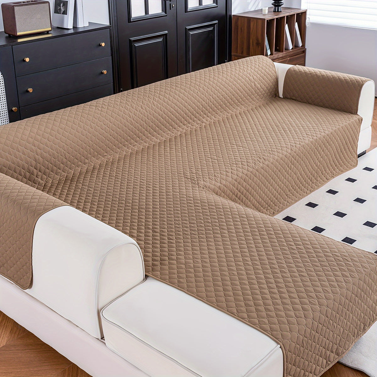 1pc Classic Reversible L-Shaped Sofa Cover, T-Cushion Polyester Protector with Ultrasonic Embossing, Machine Washable, Pet-Friendly Dual-Sided Dustproof Slipcover for Sectional Sofas