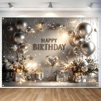 1 Piece, Happy Birthday Banner, Silvery And White Balloons And Gifts Birthday Party Celebration Decorations, 16 Years Old, 18 Years Old, 21 Years Old, 30 Years Old, 40 Years Old, 50 Years Old, 60 Years Old Birthday Party Univ