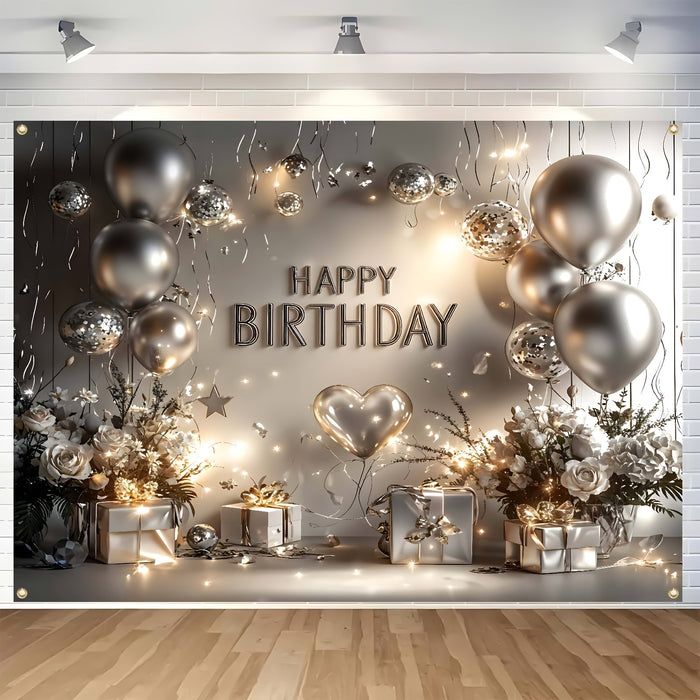 1 Piece, Happy Birthday Banner, Silvery And White Balloons And Gifts Birthday Party Celebration Decorations, 16 Years Old, 18 Years Old, 21 Years Old, 30 Years Old, 40 Years Old, 50 Years Old, 60 Years Old Birthday Party Univ