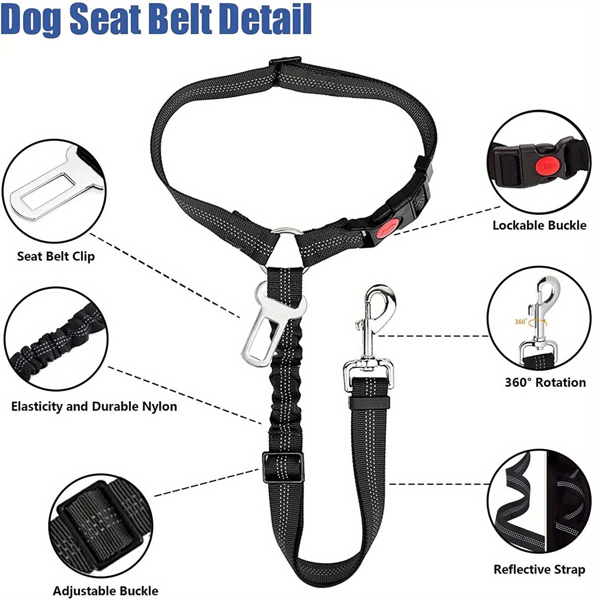 Adjustable 2-in-1 Pet Car Seat Belt & Harness - Durable Polyester, Hand-Washable