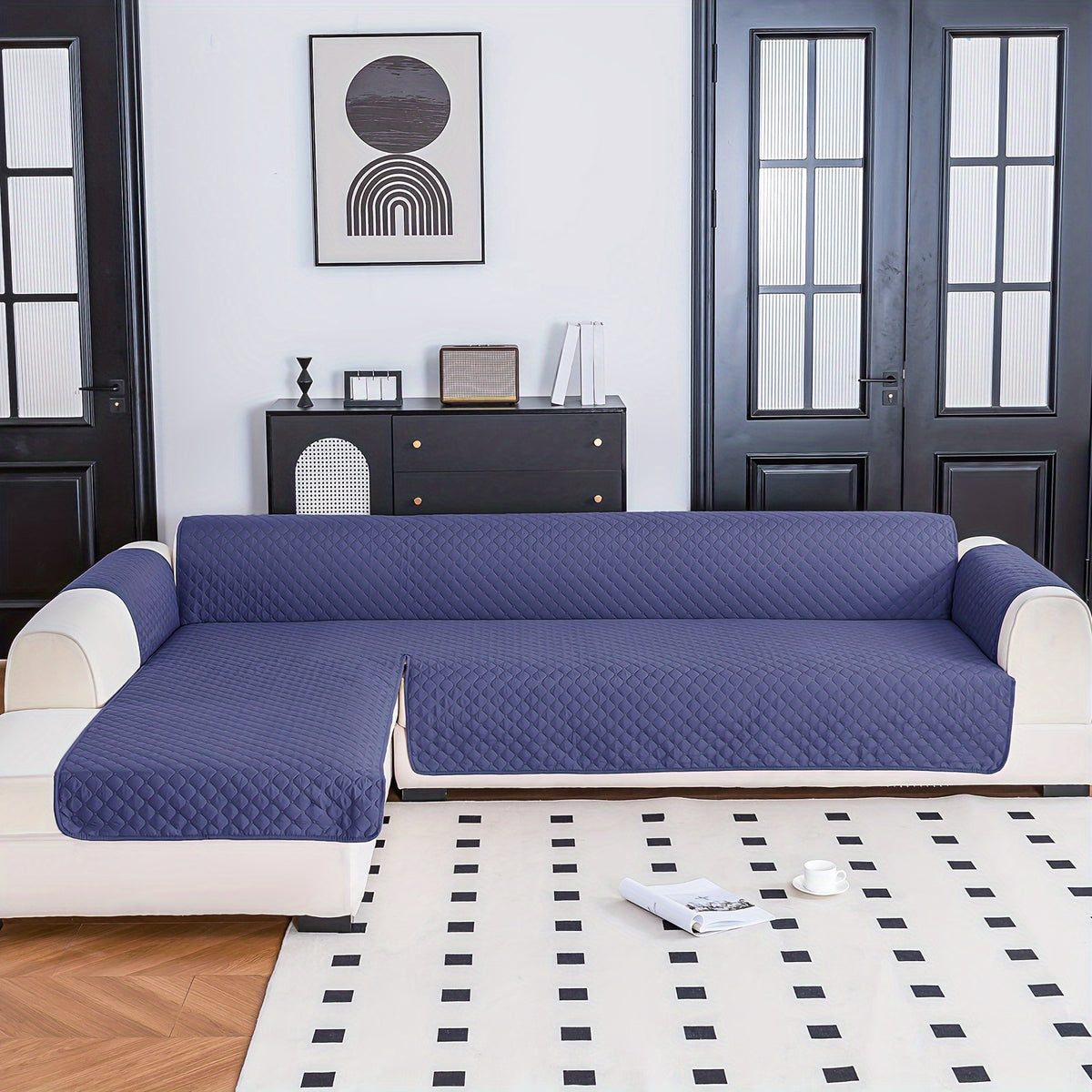 1pc Classic Reversible L-Shaped Sofa Cover, T-Cushion Polyester Protector with Ultrasonic Embossing, Machine Washable, Pet-Friendly Dual-Sided Dustproof Slipcover for Sectional Sofas