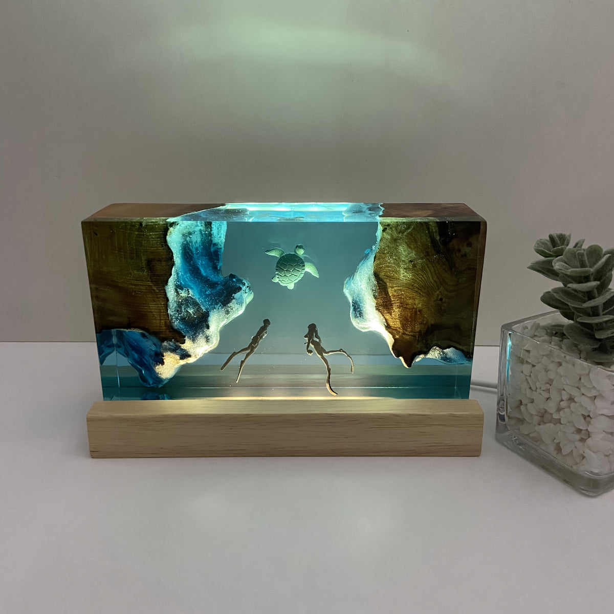 Ocean-Inspired Resin Art, Handcrafted Turtle and Diving Couple Sculpture