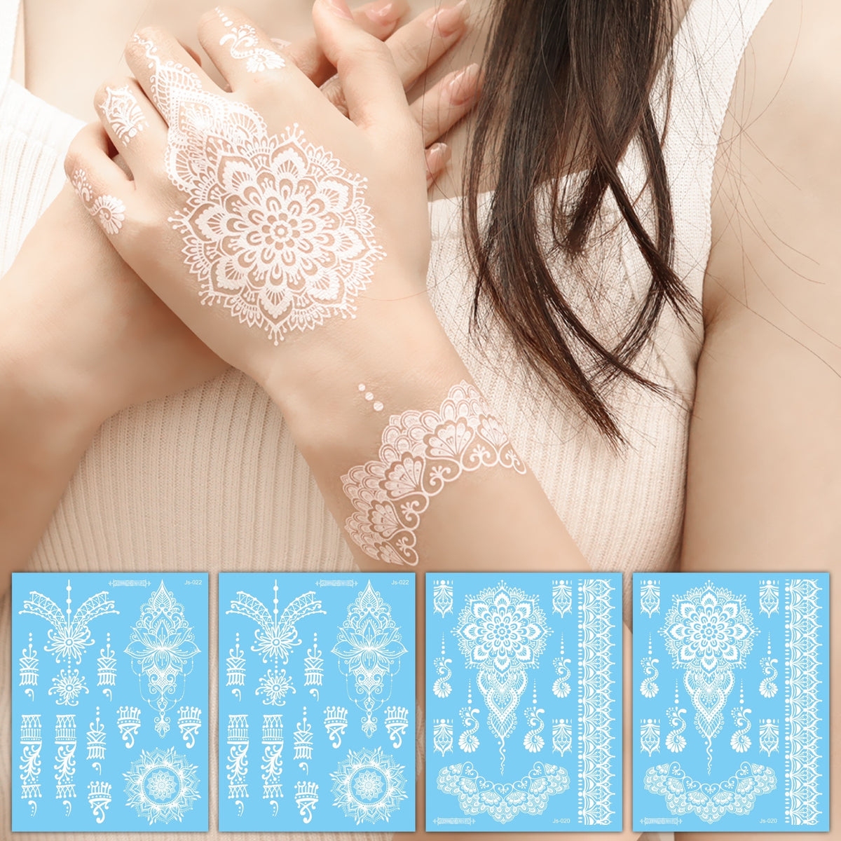 White Henna Temporary Tattoos - Lace Mandala Designs - 4 Sheets