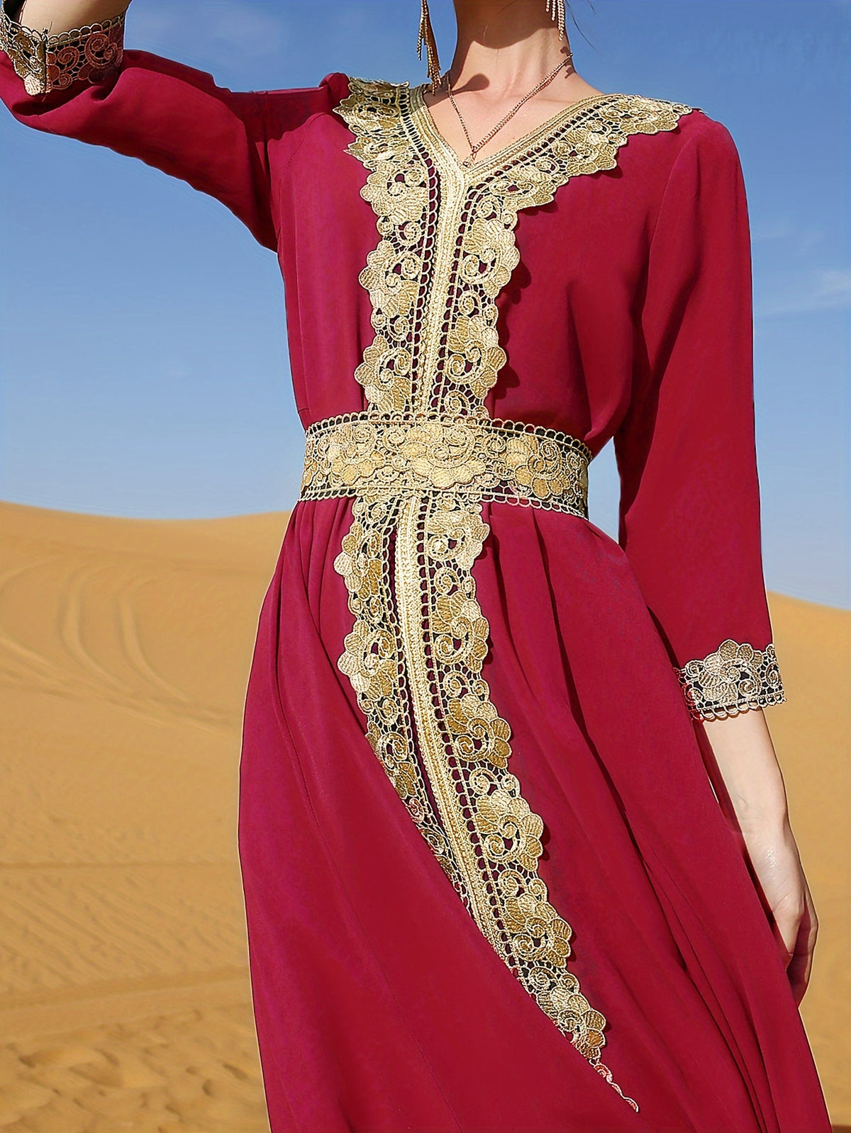 Ramadan Lace Trim V Neck Kaftan, Elegant Long Sleeve Maxi Dress, Women's Clothing