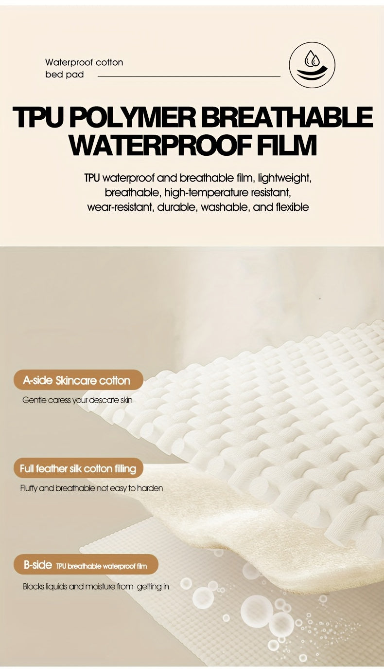 1pc Waterproof Mattress Pad Set, Dust & Stain Resistant, Soft Comfortable Bedding, Machine Washable, Polyester 100%, Polyurethane 100%, Woven, Active Printing, Ultrasonic Embossed, <3cm Thick, 80-85g Fabric Weight