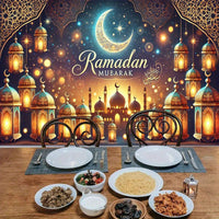1pc Ramadan Mubarak Night Sky Backdrop - Elegant Crescent Moon & Lanterns Design, Reusable Polyester Party Banner for Indoor/Outdoor Eid Celebrations, Spring & Summer Festive Decor, Festive Backdrop | Elegant Lettering Design