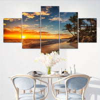 Wooden Framed Canvas Poster, Sunset Sea View Beach Coconut Trees Canvas - 5pcs/set