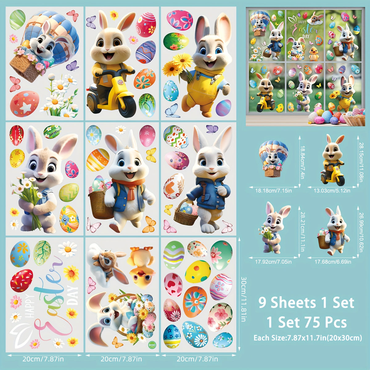 Happy Easter Window Clings - 9 Sheets /75pcs
