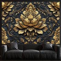 Luxurious 3D Wallpaper with Elegant Black & Golden Floral Design