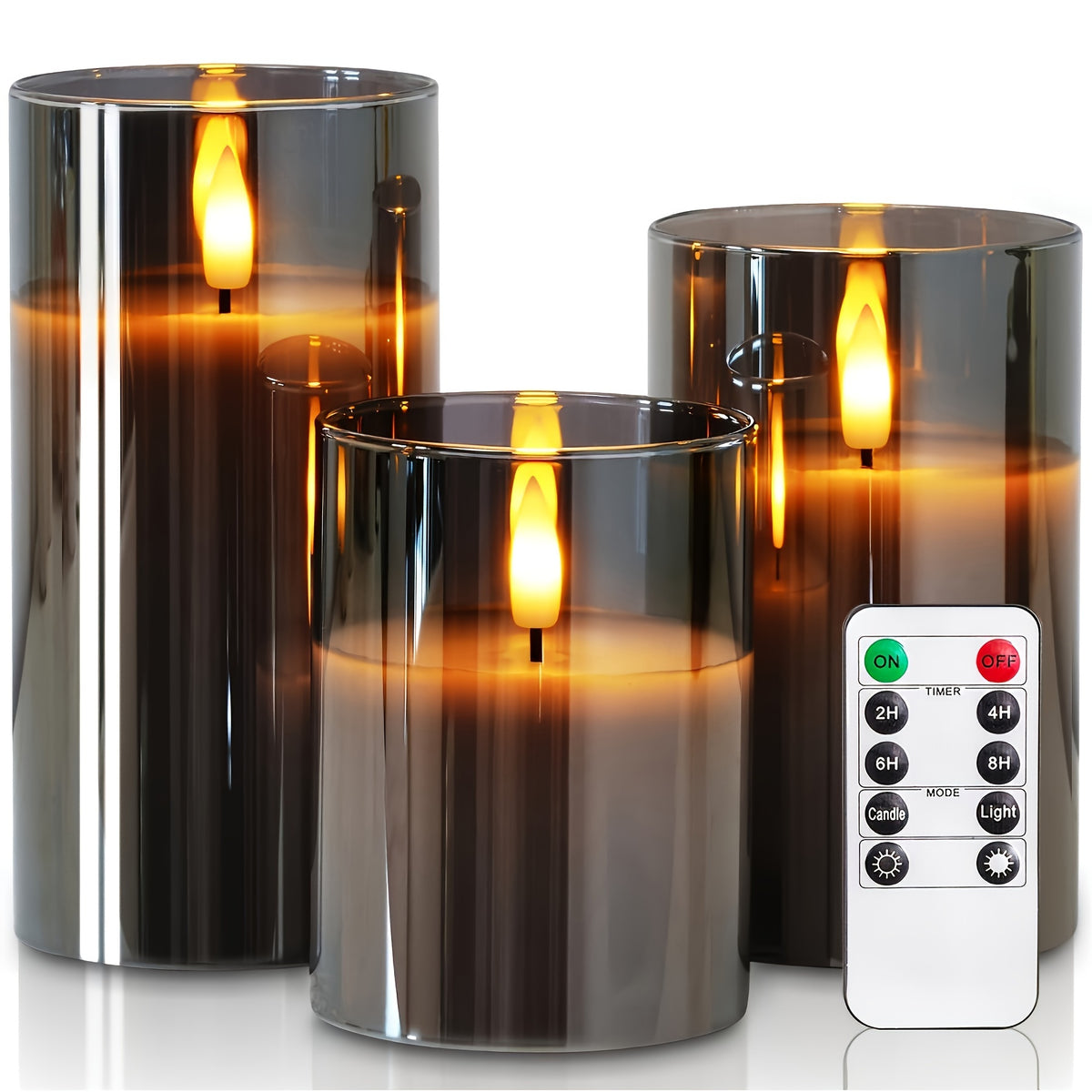 Three-Pack Flameless Candle with Flashing, Remote Control and Timer, Wicking Acrylic Electric Candle, Battery Powered LED Column Candle - Gray 10.16cm12.7cm15.24cm