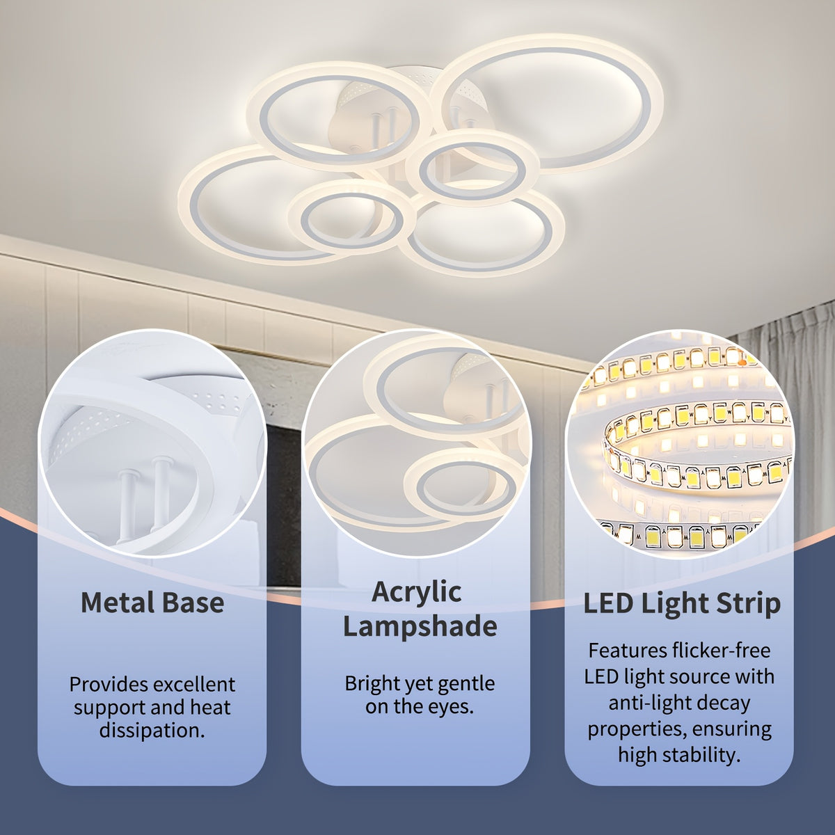LED Ceiling Light Fixture, 6 Rings Flush Mount Ceiling Light Dimmable 78.74cm 75W Remote Control Dimmable 3000K-6500K, for Living Room, Kitchen, Bedroom, Office, IH-YH4