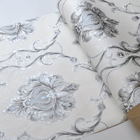 Elegant White Embossed Damask Wallpaper