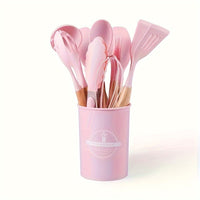 Silicone Kitchen Utensil Set with Wooden Handles