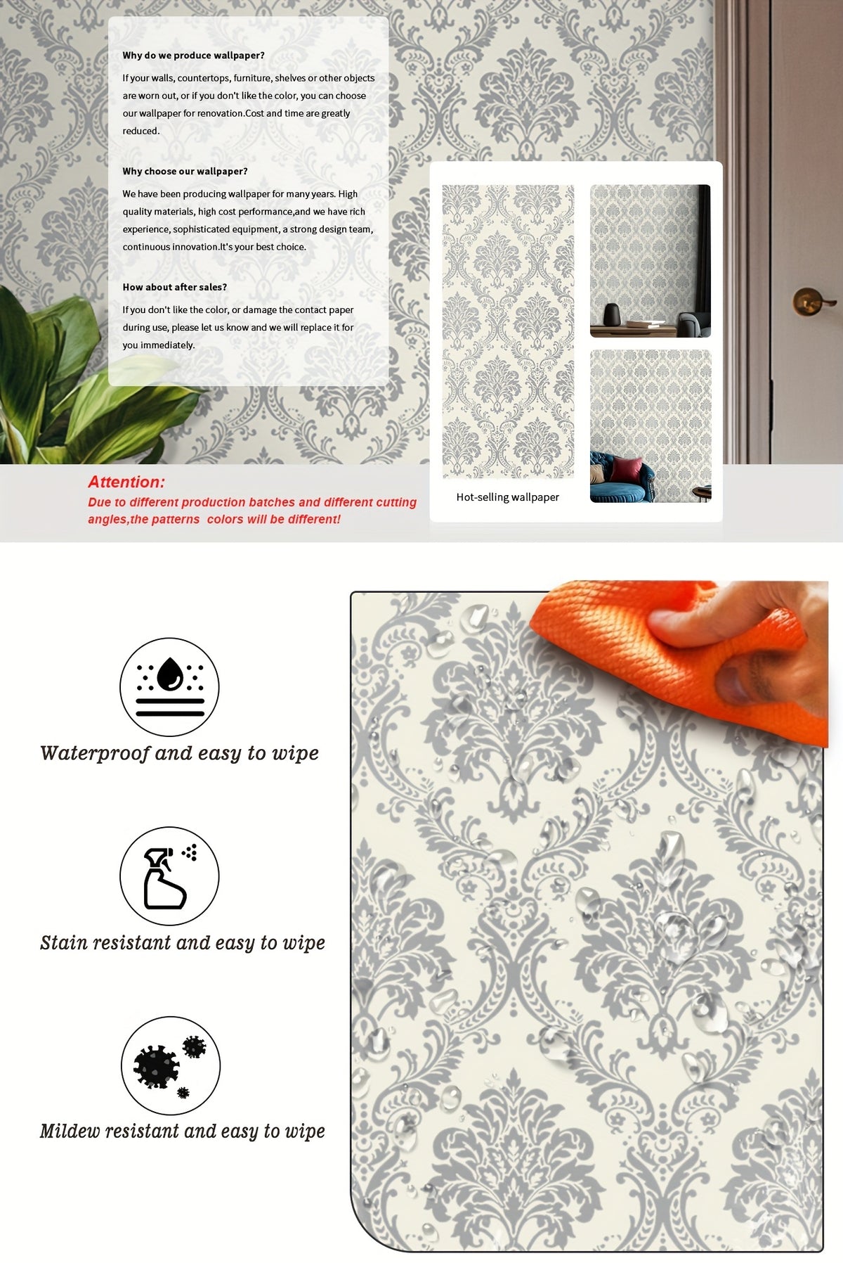 Easy Peel & Stick Silvery Damask Wallpaper