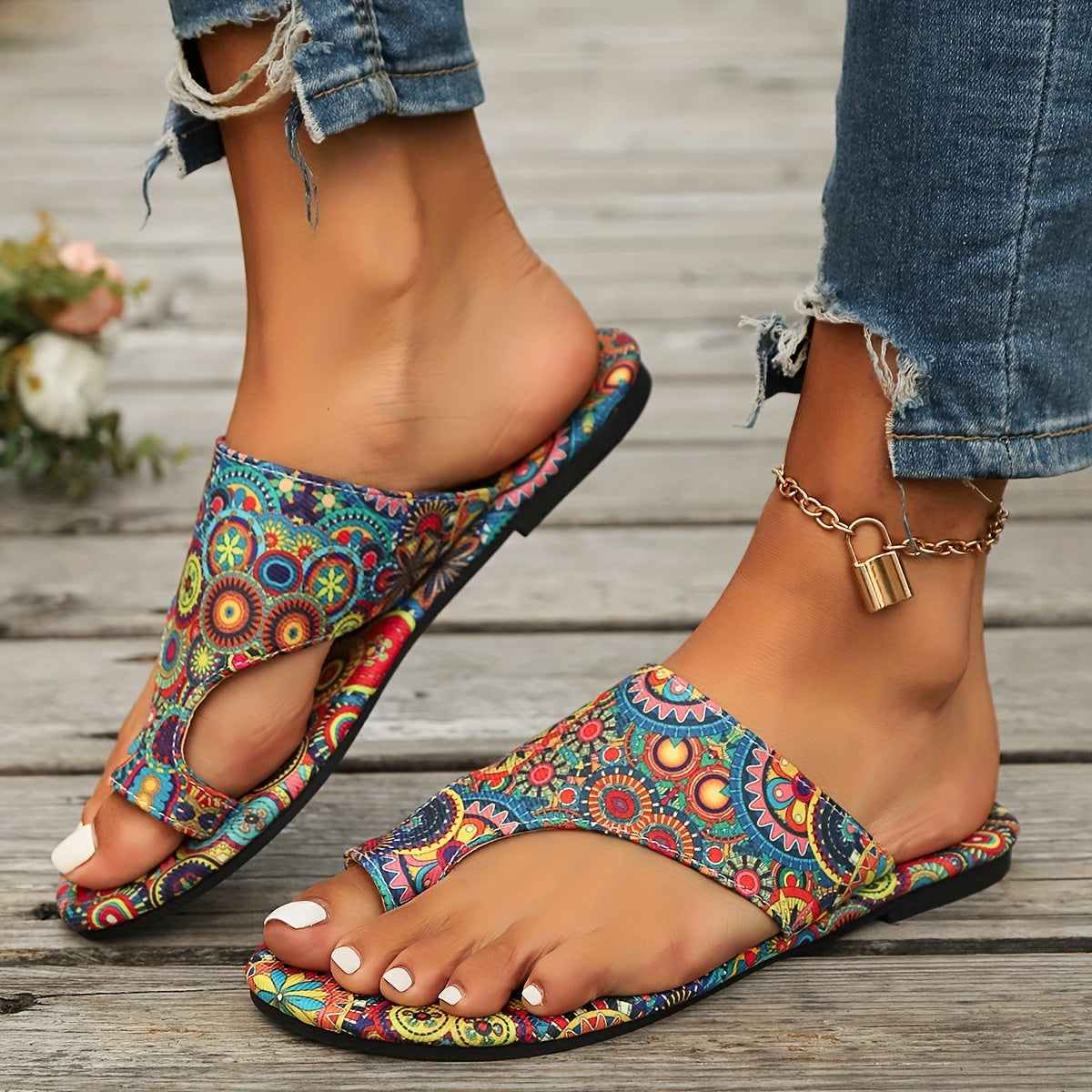 Bohemian Flower Pattern Slide Sandals