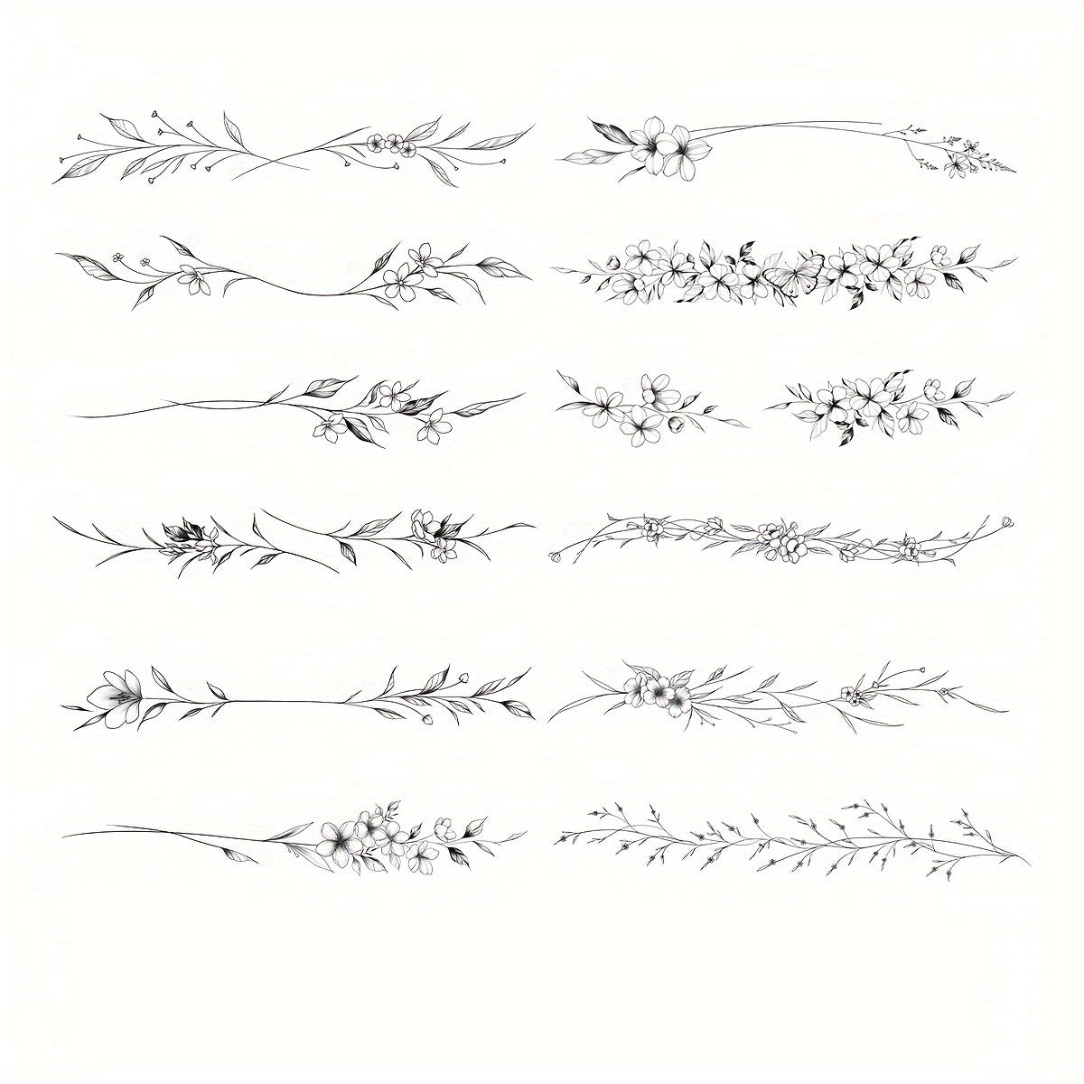Temporary Tattoos - Long Flowers Vine Leaves Plant Designs - 12 Sheets
